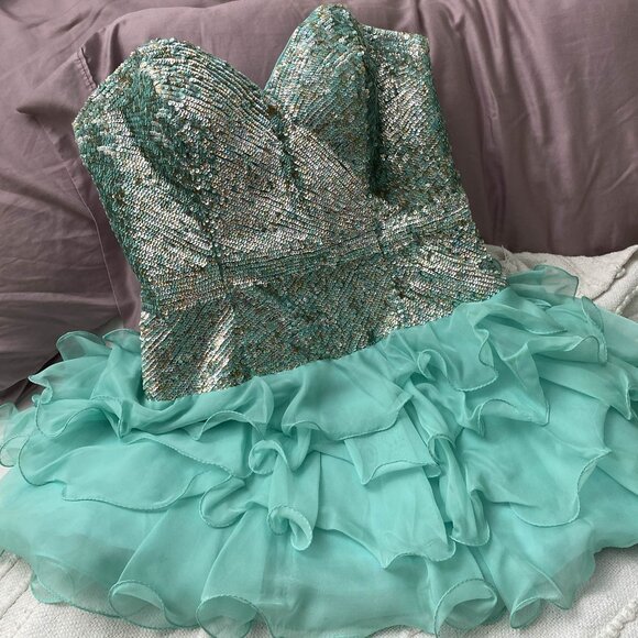 Sherri Hill Prom Grad or Party mini dress in turquoise - Picture 1 of 6